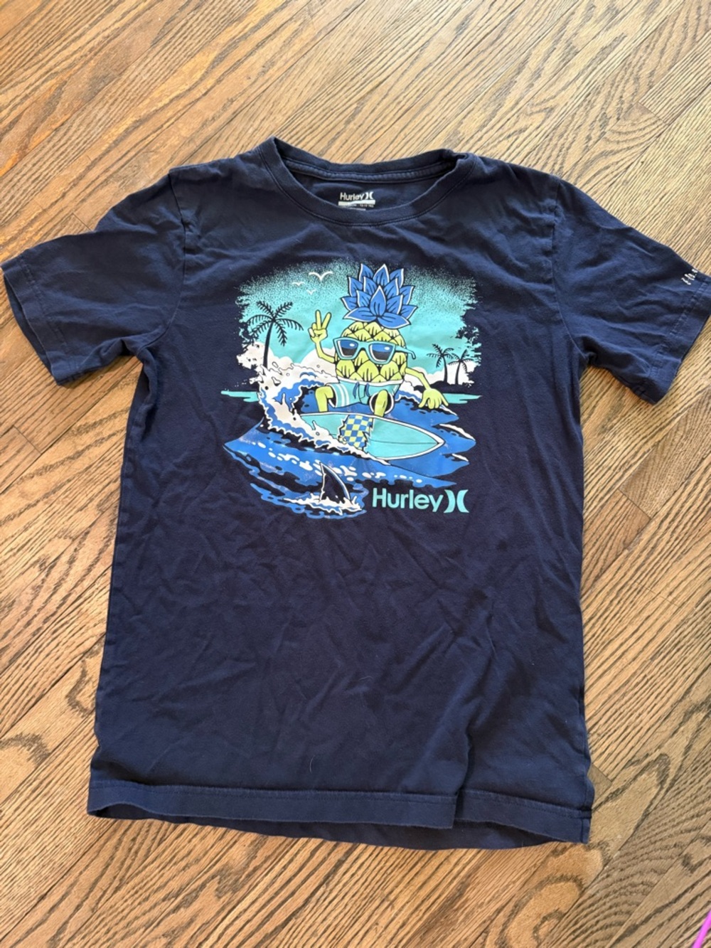 Hurley Navy Blue Kids Short Sleeve Tee with Teal & Yellow Surf Graphic